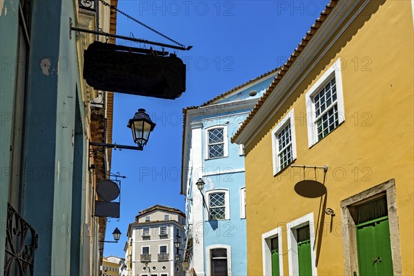 Old colonial style houses with bold colors in the historic Pelourinho neighborhood in the city of