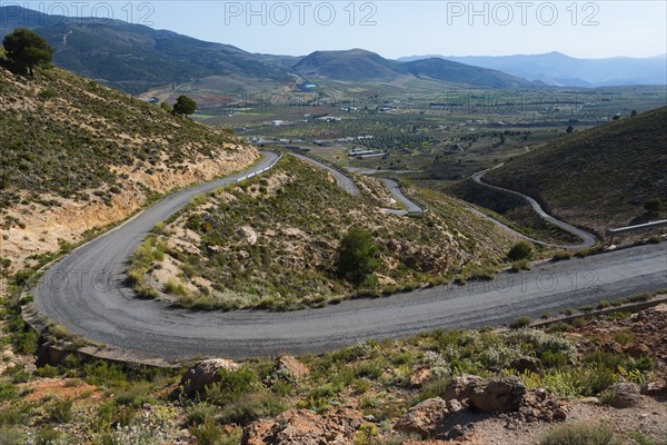 Winding road through a green mountain landscape to Mirador Laujar, Laujar de Andarax, Province of