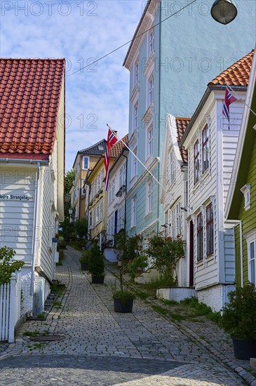 Historic town centre of Bergen with narrow streets and cobblestones surrounded by traditional