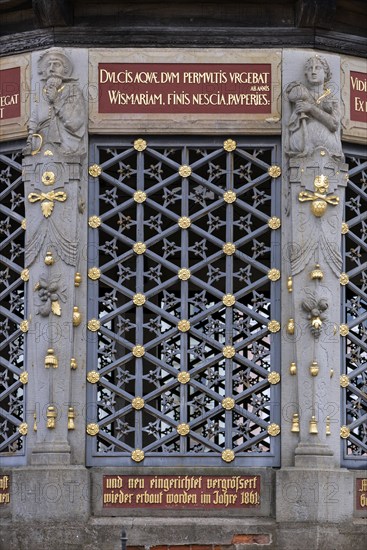 Detail of the Wismar waterworks, built in 1861, market square, Wismar, Mecklenburg-Western