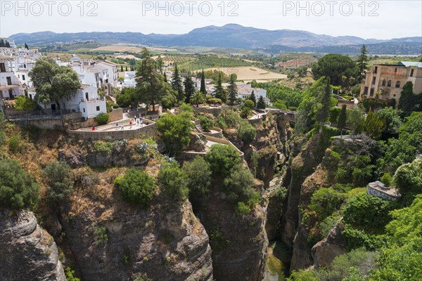 View of a dramatic gorge with a bridge surrounded by white buildings and green landscape in Ronda,
