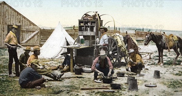 The round up, Grub Pile, Colorado, United States of America, USA, digitally restored reproduction
