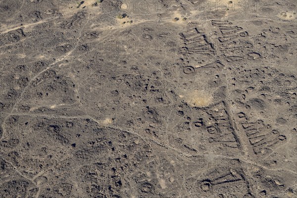 Neolithic stone ritual buildings, so-called mustatils, aerial view, near Khaybar, Medina province,