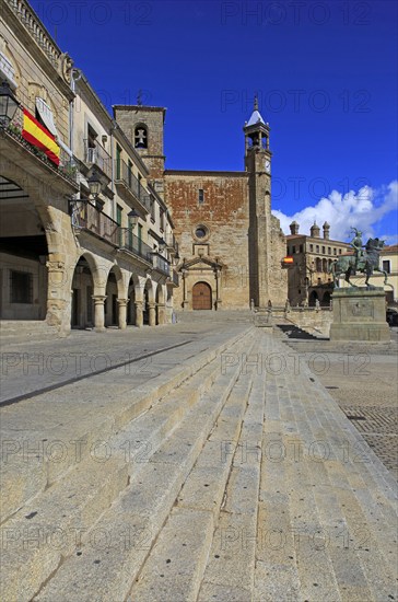 Iglesia de San Martin church and Pizarro statue in historic medieval town of Trujillo, Caceres