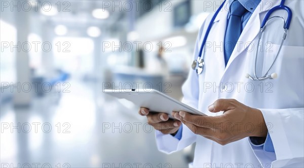 Doctor in hospital with patients charts. Making diagnosis and checking status and blood results, AI