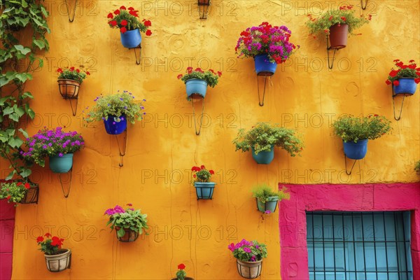 Typical architecture of Mexican colonial colorful houses in historic city center, AI generated