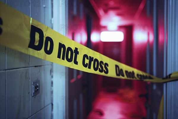 Yellow police tape with text 'Do not cross' at crime scene. KI generiert, generiert, AI generated