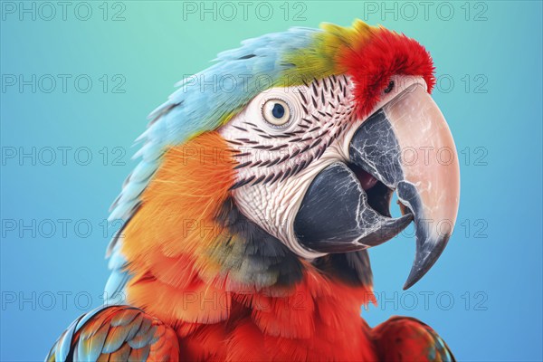 Head of colorful parrot on blue background. KI generiert, generiert AI generated