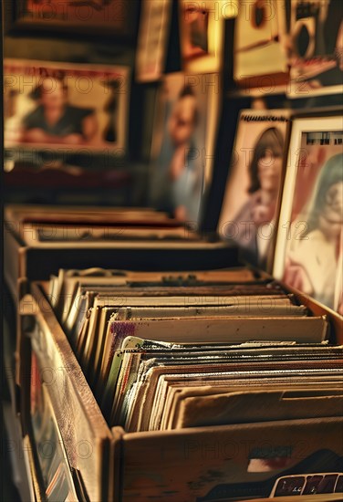 Vintage record store with dusty vinyl albums in wooden crates, old band posters on the walls, and
