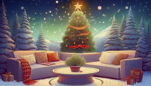 Illustration of a living room furnishing consisting of a table and couch in front of a decorated
