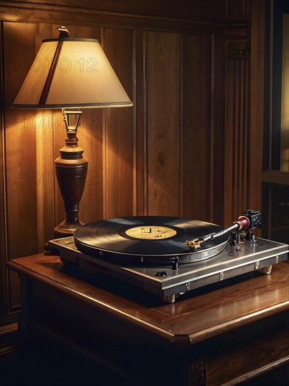 Vintage turntable spinning an old vinyl record, with the warm glow of a single lamp, AI generated