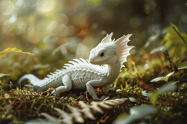 Small white dragon in forest. Generative Ai, AI generated
