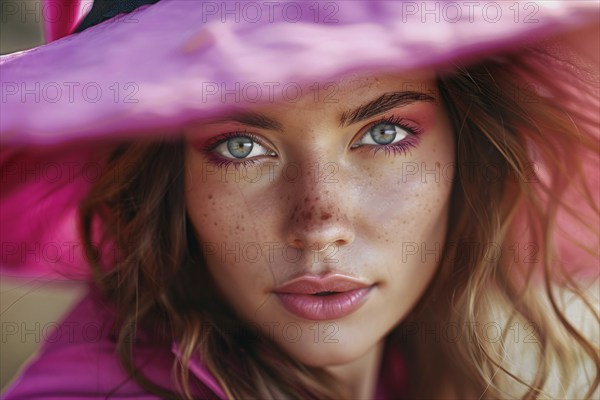 Portrait of young woman dressed up with pink Halloween witch costume. Generative AI, AI generated