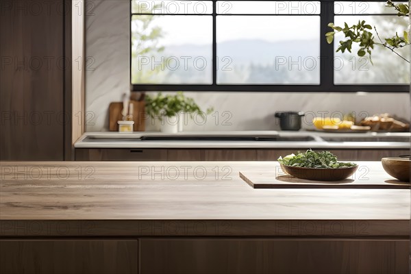 Wooden kitchen with top counter and other modern interior elements, AI generated