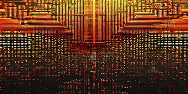 Abstract 3d pixel art technology themed pattern featuring random mosaic in vibrant hues, AI
