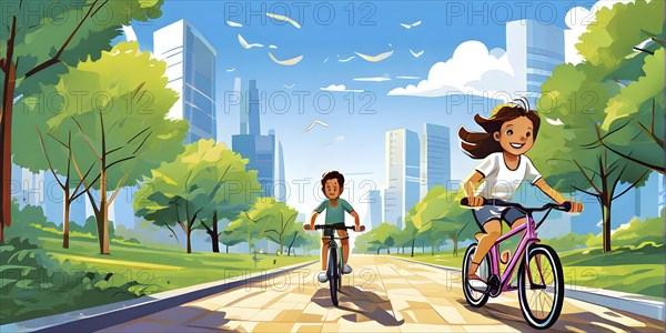 Vector cartoon illustration of a young boy and a young girl cycling in a city park in summer, AI