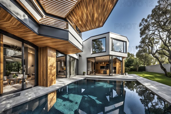 Modern residential house inspired by honeycomb hexagonal patterns, AI generated