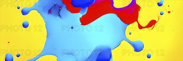Abstract image with vibrant blue and red blobs and liquid shapes on a yellow background, AI