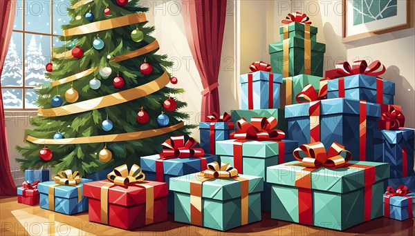 Abstract illustration of wrapped Christmas gifts, shiny ribbons and bows, stacked under a evergreen
