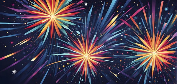 Wallpaper illustration of an explosion of vibrant fireworks colors in a night sky, symbol for happy