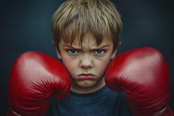 Angry boy child with red boxing gloves. Generative Ai, AI generated