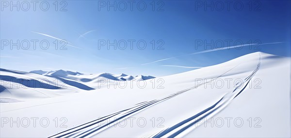 Simplified representation of ski tracks on a pristine snowy slope, created with bold, clean lines,
