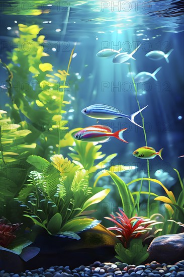 Aquarium teeming with green aquatic plants and schools of vibrant tetras and iridescent rasboras,
