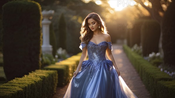 Young woman clad in luminous blue evening gown saunters along a garden path at dusk, AI generated
