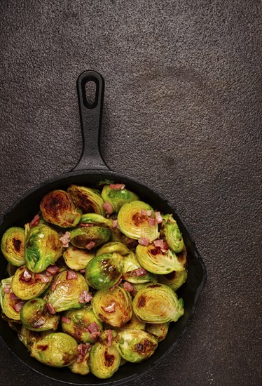 Roasted brussels sprouts, with bacon, vegetarian food, homemade, no people