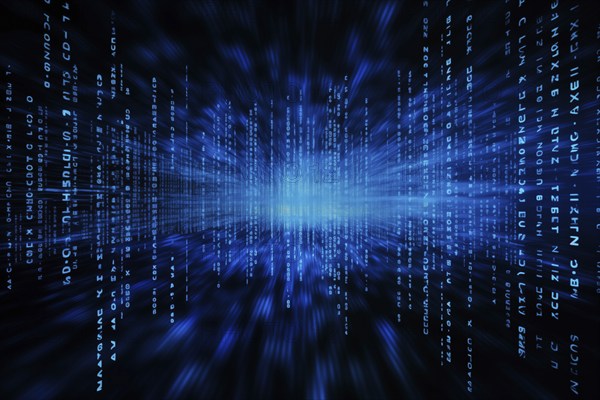 Blue dynamic digital data streams, showcasing flowing lines of code in a mesmerizing pattern, ideal