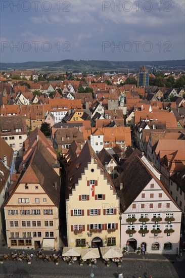 High angle view of commercial and residential buildings with traditional terracotta ceramic tiled