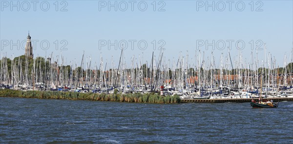 Enkhuizen marina with tower of the Zuiderkerk church, Enkhuizen, North Holland, West Friesland,