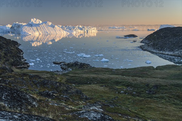 Icebergs and ice floes reflected in the water, summer, midnight sun, Jakobshavn glacier and ice