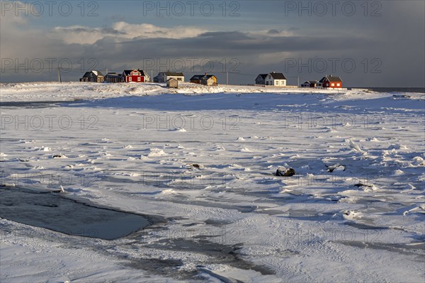 Village, houses, village, ice floes, snowstorm, clouds, coast, Skallelv, Varanger Peninsula,