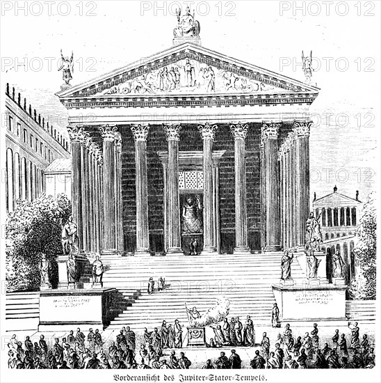 Front view of the Jupiter Stator Temple, Palatine, Rome, crowd, steps, columns, statues, Etruscans,