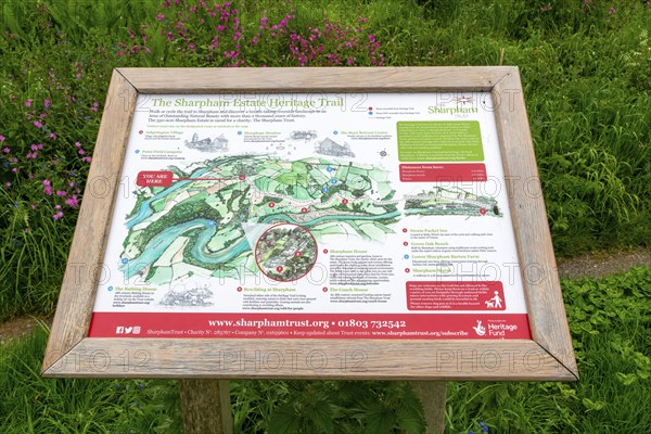 Information panel and map, Sharpham Estate Heritage Trail, Sharpham near Totnes, south Devon,