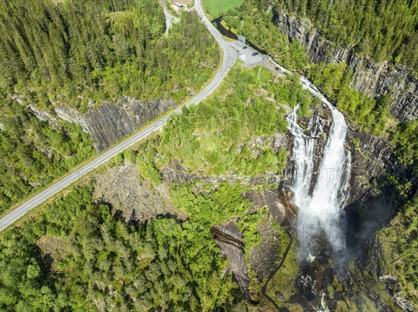 Aerial view of waterfall Skjervsfossen, near Granvin, Hardanger, Norway, Europe