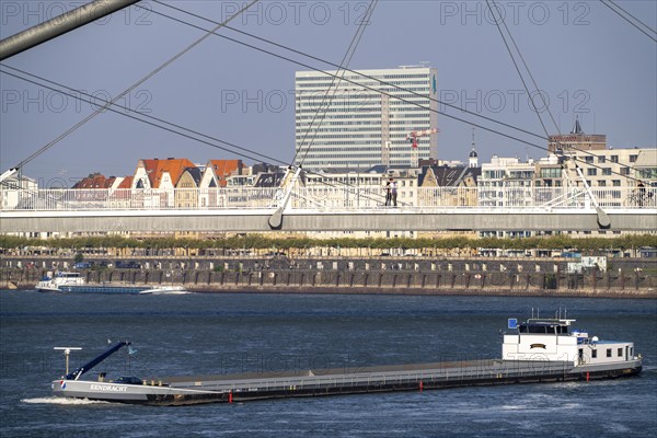 Cargo ships on the Rhine near Düsseldorf, bridge over the Media Harbour, Oberkassler Rhine Bridge,