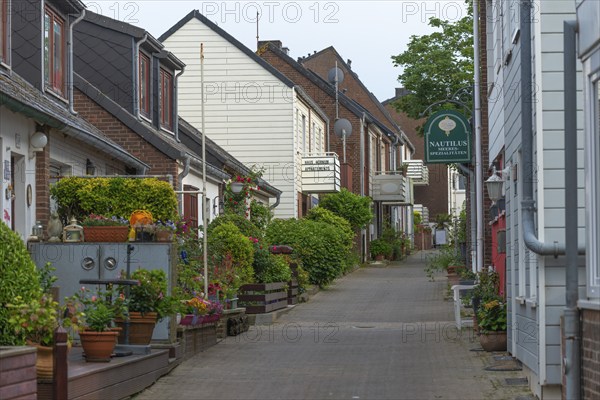 Footpath, small front gardens, plants, flats, restaurant, architecture, Oberland, offshore island