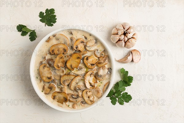 Champignons in creamy garlic sauce, with herbs and spices, gravy, sauce, no people