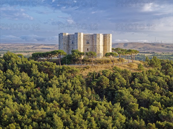 The Castel del Monte, an octagonal hilltop castle from the 13th century, stands on a wooded hill in