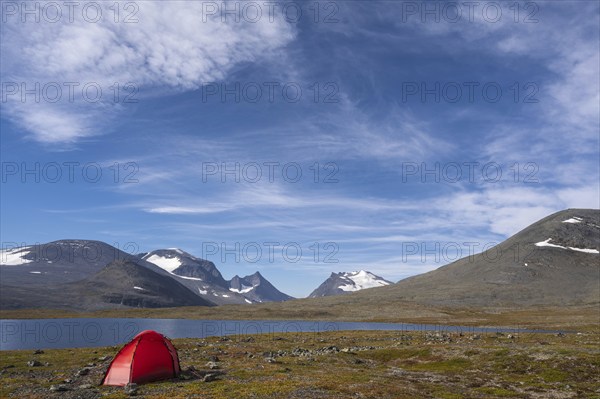 Tent in mountain landscape, Sarek National Park, World Heritage Laponia, Norrbotten, Lapland,