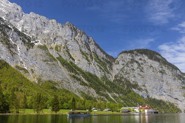 Passenger boat on the Königssee, St. Bartholomä, mixed forest, rock, mountain, Berchtesgadner Land,