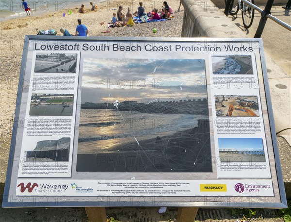 Information board South Beach Coast Protection Works, Lowestoft, Suffolk, England, UK