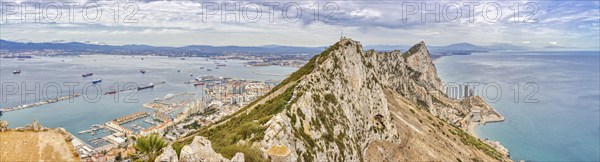 Panorama of rocks with city and sea in the background, Gibraltar, Europe