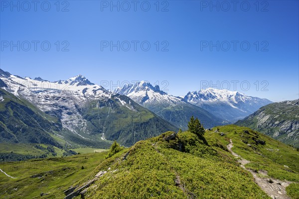 Mountain panorama with glaciated mountain peaks, Aiguille Verte with Aiguille du Midi and Mont