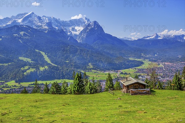 Eckenhütte on the Wank 1780m with views of the valley, town and Zugspitze group 2962m,