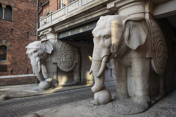 Monumental stone elephants with Indian swastika, elephant gate or elephant portal or elephant
