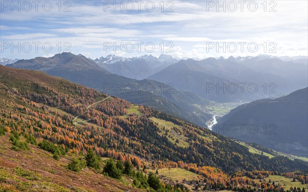 View of the mountain panorama and the Upper Inn Valley in the morning light, Krahberg on the Venet