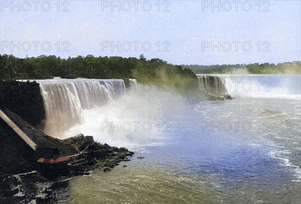 Niagara Falls seen from the Steel Arch Bridge, Canada, USA, Historical, digitally restored